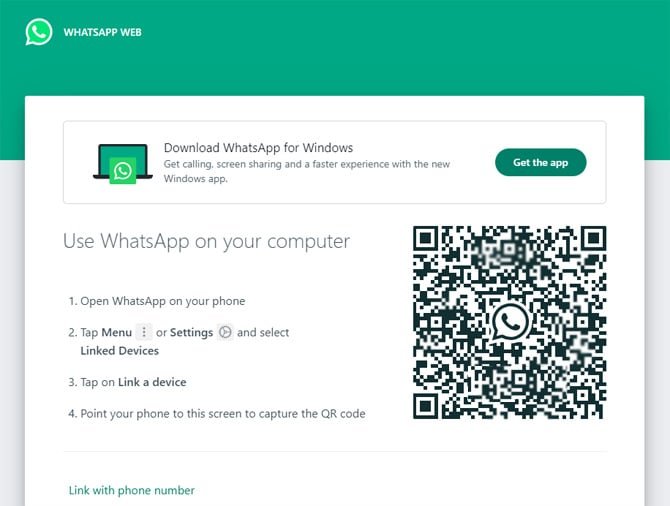 Capture d'écran Web WhatsApp affichant le code QR pour le jumelage avec un smartphone