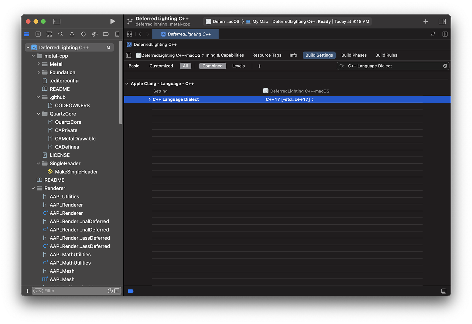 Capture d'écran du paramètre en surbrillance dans Xcode