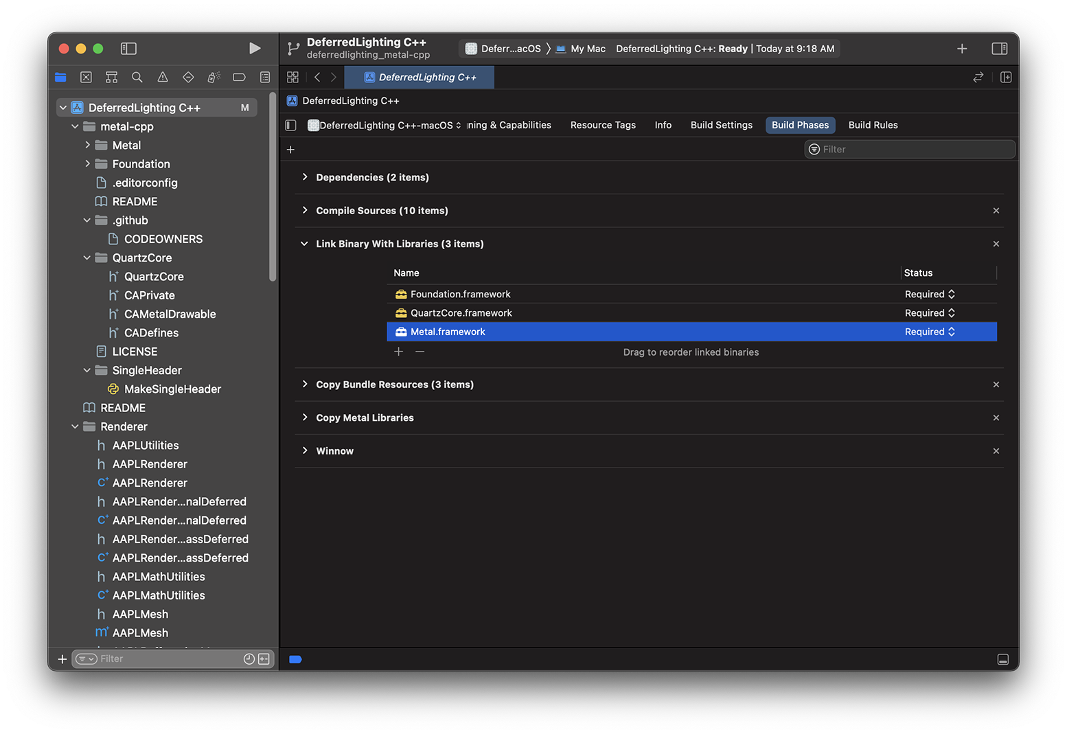 Capture d'écran de la bibliothèque en surbrillance dans Xcode