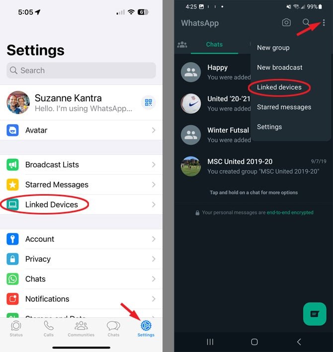 L'application Android WhatsApp avec les points triples pour le menu indiqué et l'application WhatsApp iOS avec le COG pour les paramètres indiqués.