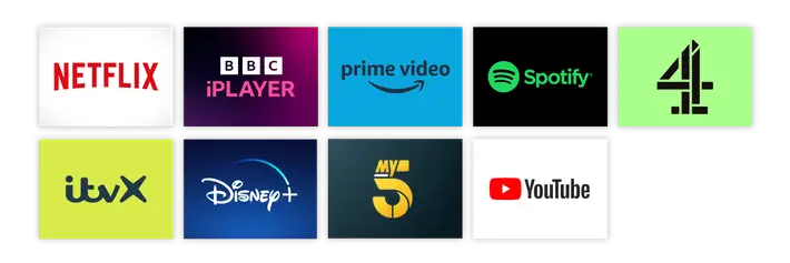 Logos de certaines des applications disponibles sur votre bâton intelligent, y compris Netflix, Disney +, Prime Video et Spotify