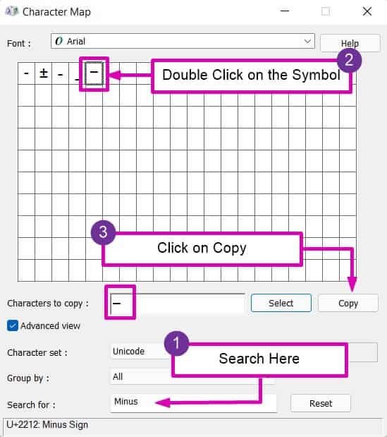 Copier et coller moins signe sur la carte des caractères Wondows