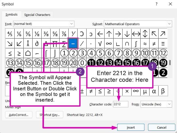 Insérer moins symbole en mot