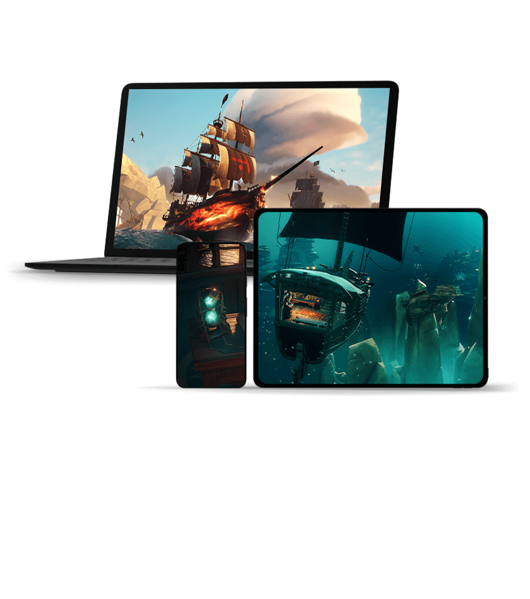 Vue avant de trois écrans différents sur lesquels les jeux Xbox sont affichés