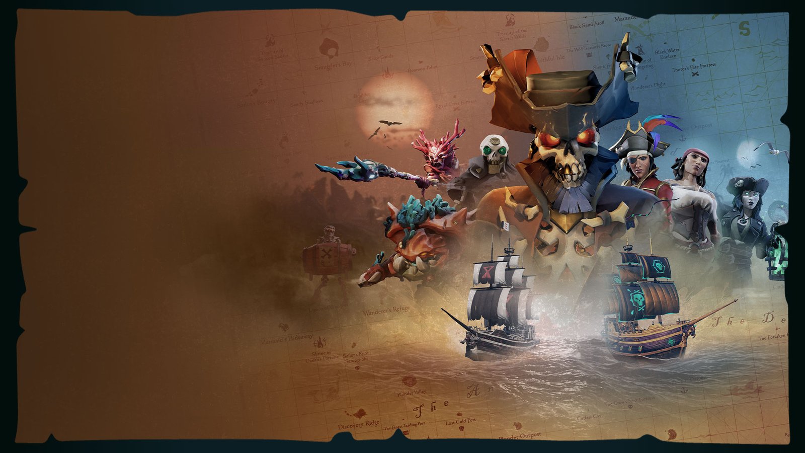 Le capitaine Flame Herz, entouré d'autres personnages de la mer de voleurs, ombres sur deux voiliers.