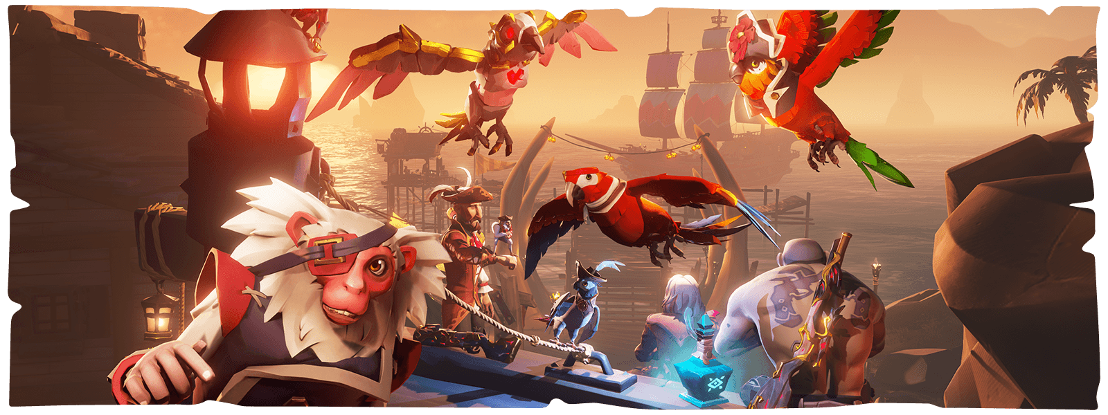 Personnages, perroquets et singe devant un port de navire de Sea of ​​Thieves