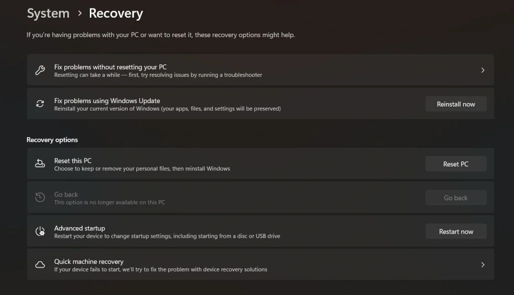 Réinitialiser Windows 11 PC via les paramètres