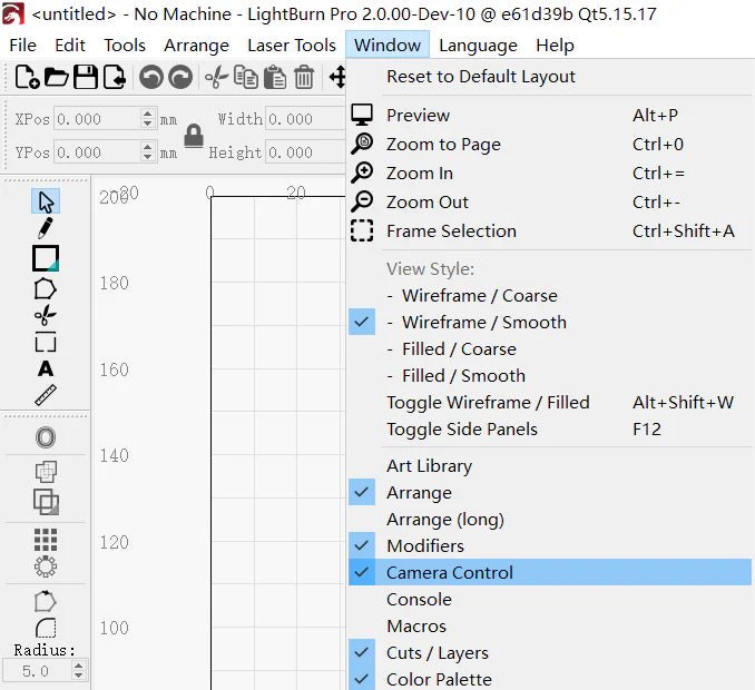 Une image de la commande de la caméra Lightburn