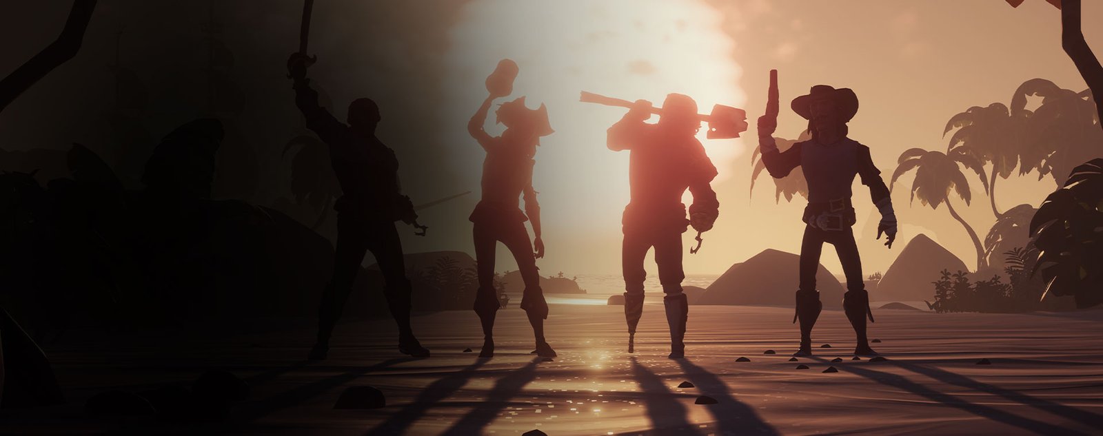 Quatre personnages de Sea of ​​Thieves posent avant un coucher de soleil
