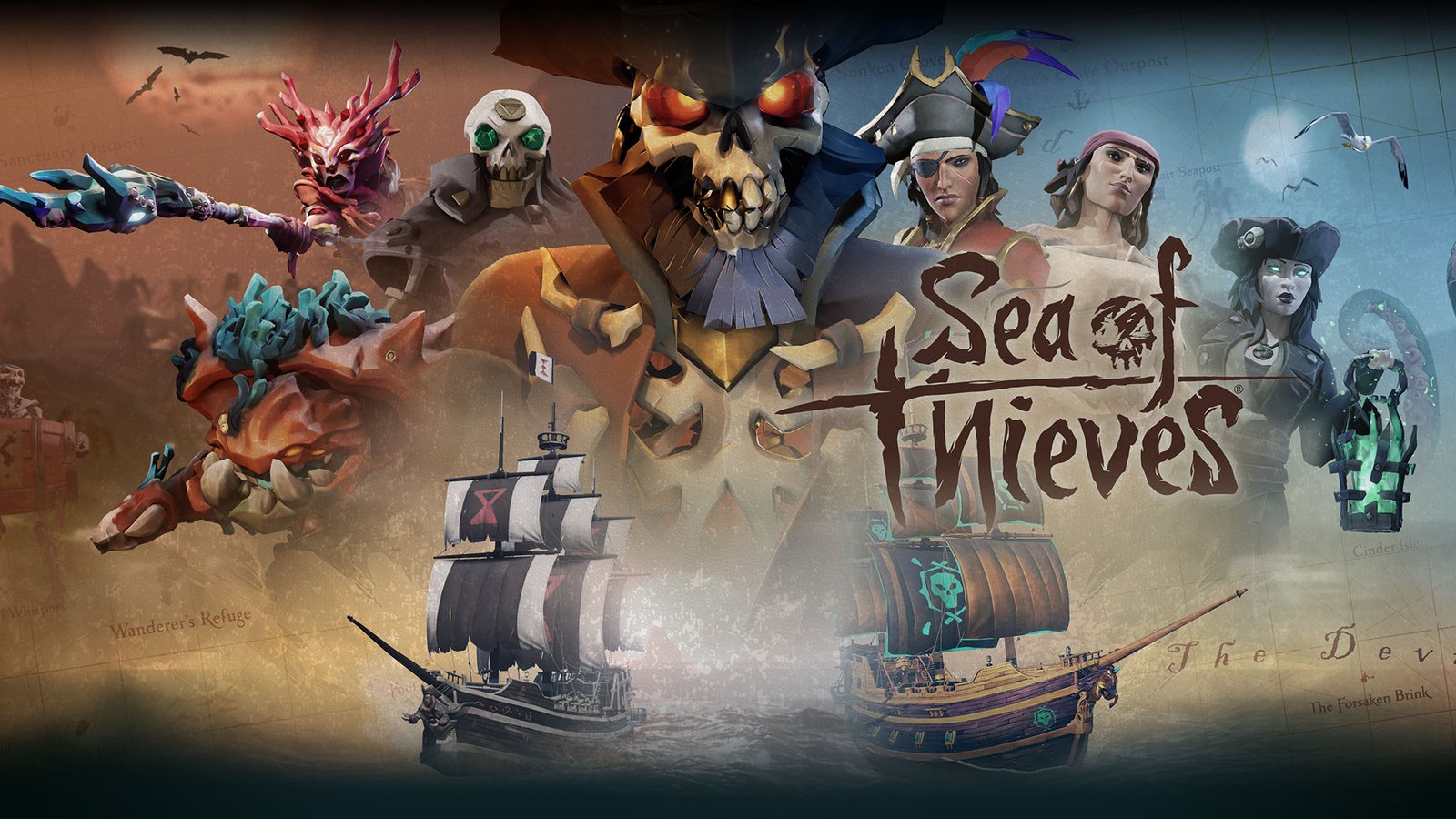 Sea of ​​Thieves, capitaine Flame Herz, entouré d'autres personnages de Sea of ​​Thieves, ombres sur deux voiliers.