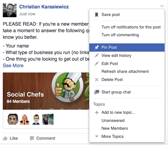 Groupe Facebook - Message épinglé