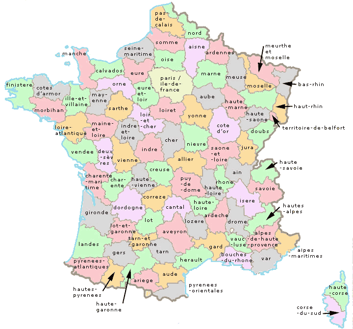 Carte montrant les départements de France