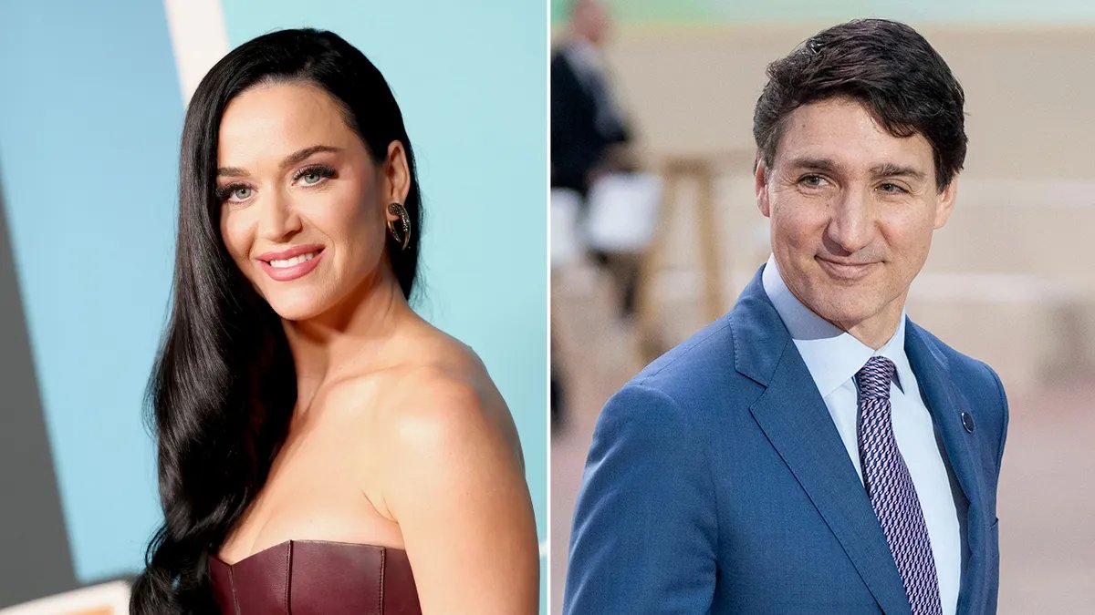 Katy Perry en robe marron et Justin Trudeau en costume