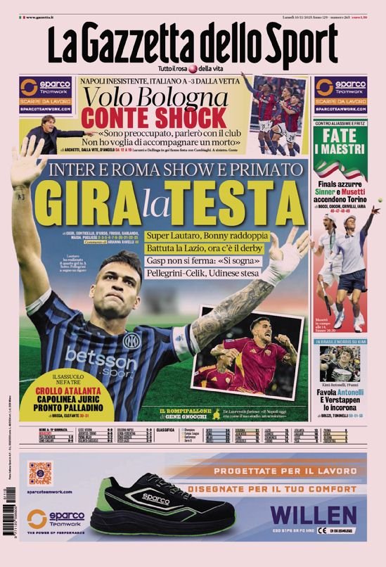 La Une de la Gazzetta dello Sport du 10/11/2025