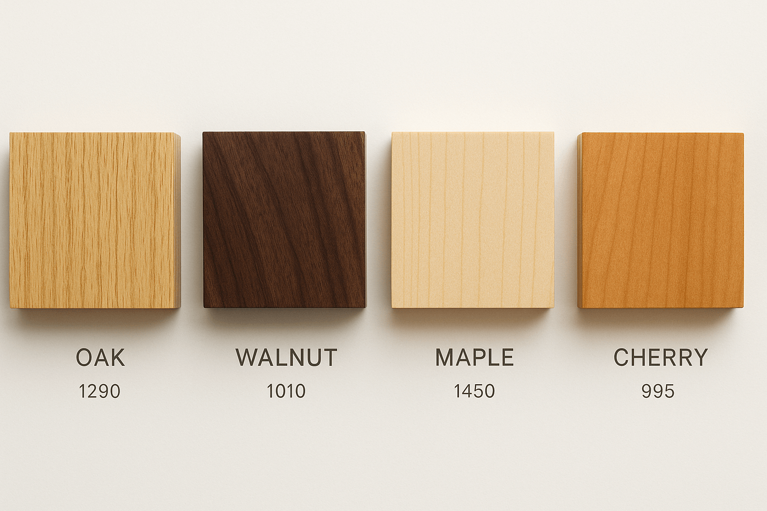 Comparaison professionnelle des essences de feuillus montrant les motifs de grain et les caractéristiques du chêne, du noyer, de l'érable et du cerisier.