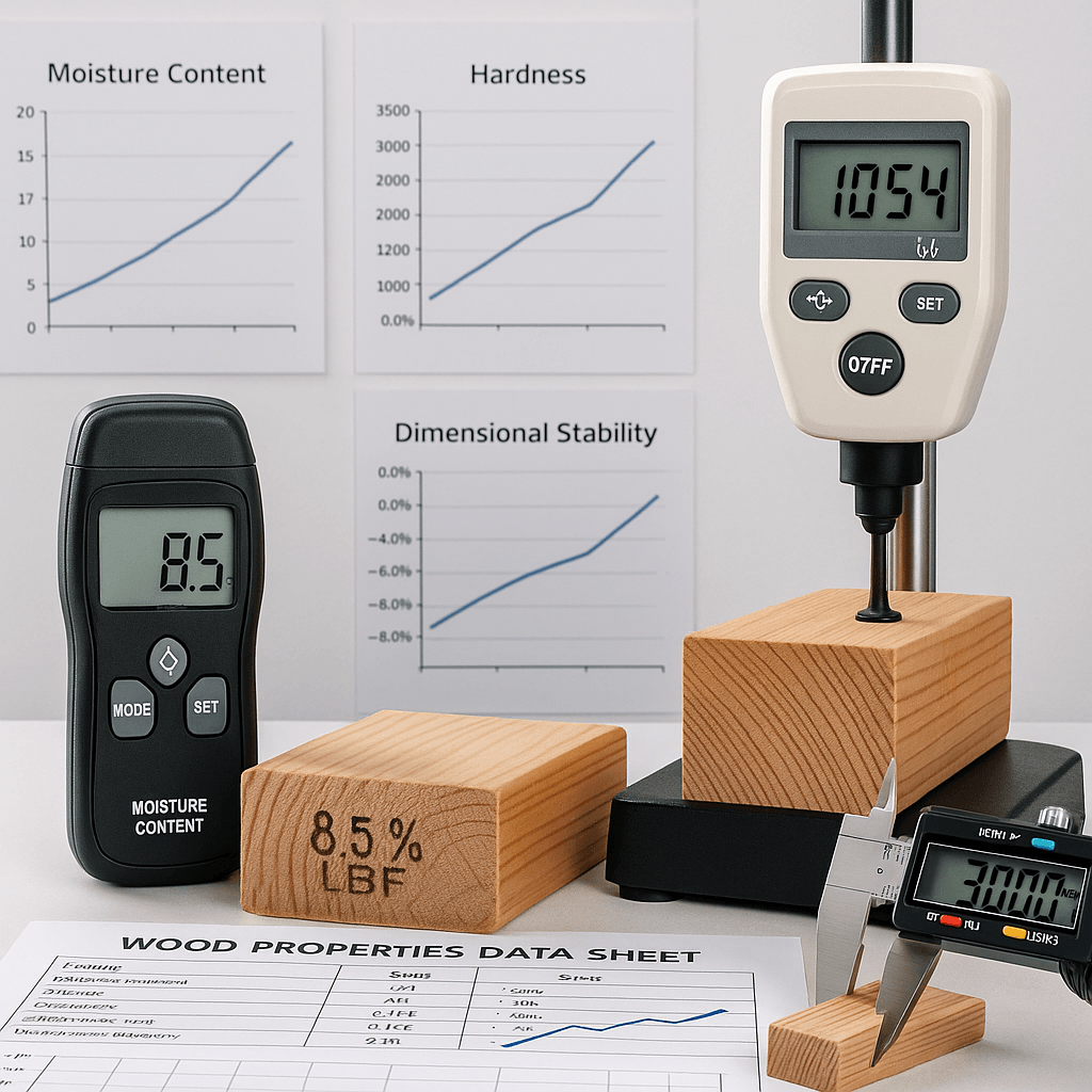 Tests professionnels des propriétés du bois montrant l'analyse de la teneur en humidité et les mesures de stabilité dimensionnelle
