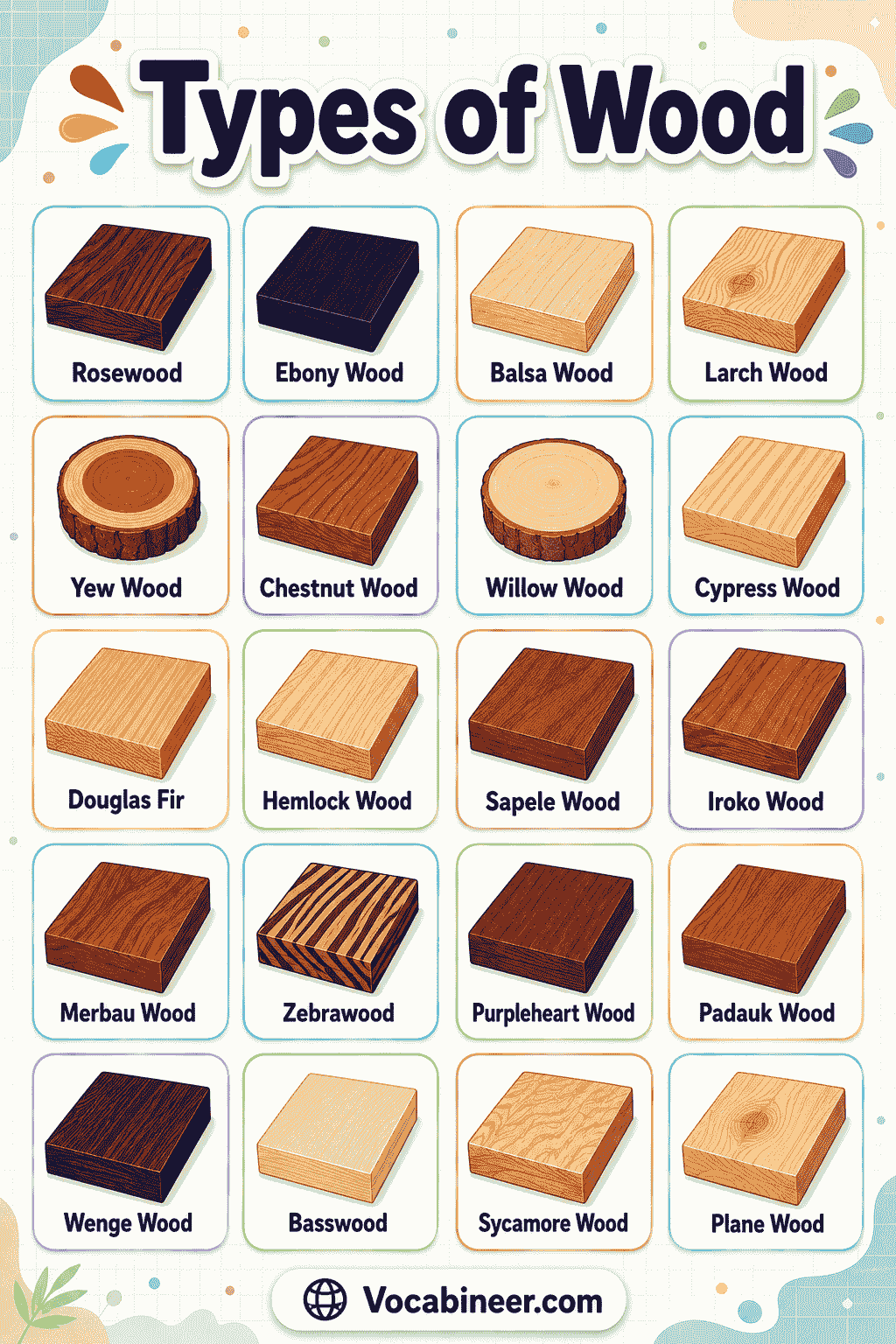 Un guide visuel du bois montrant les types de bois pour les meubles et les revêtements de sol, notamment le chêne, l'érable, le noyer, le cerisier, le teck, le bambou et les parquets en bois d'ingénierie.