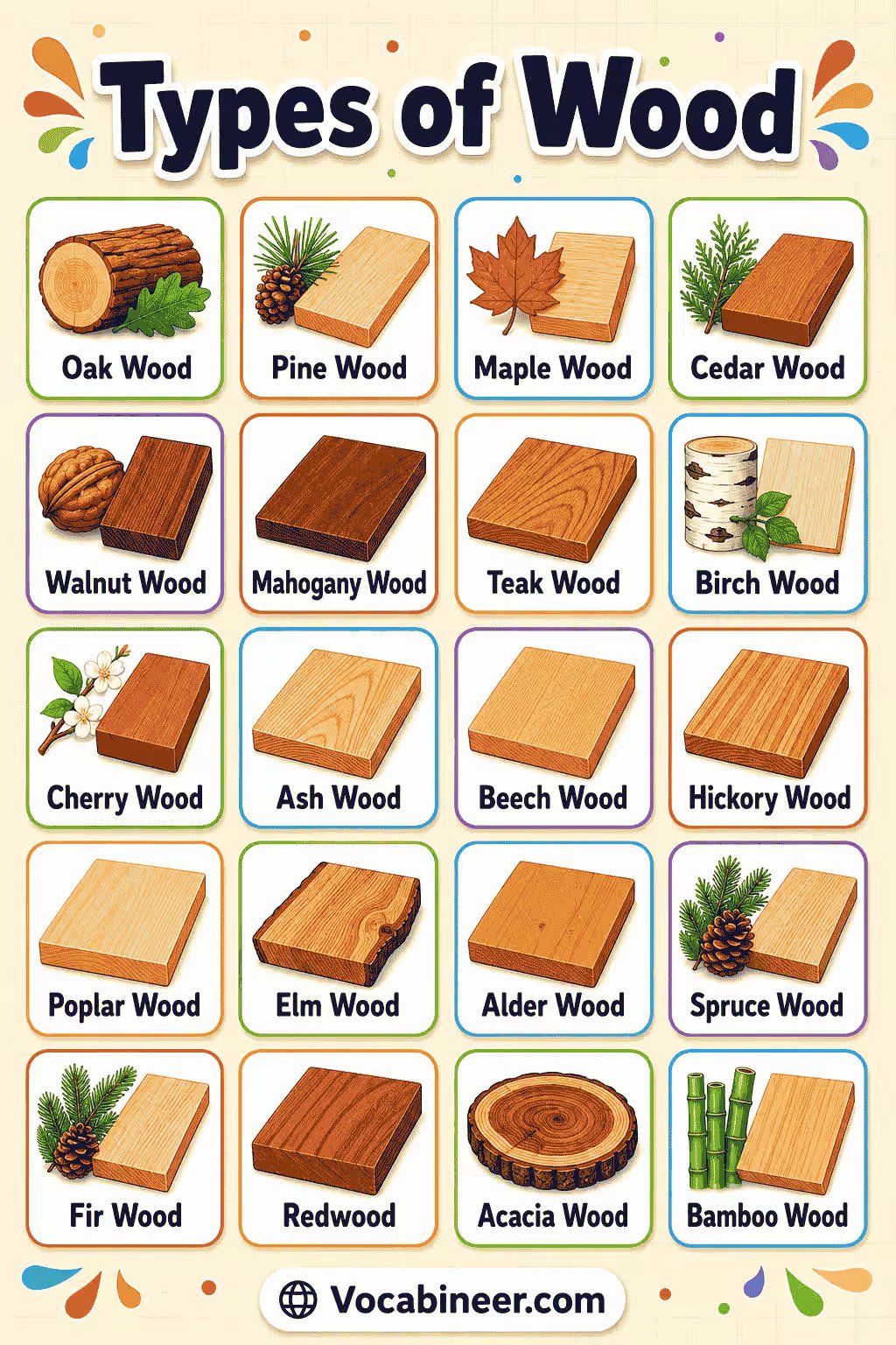 Un tableau visuel du bois montrant le bois dur, le bois tendre, le bois d'ingénierie, le bois extérieur, le bois clair et le bois foncé avec des noms et des exemples d'images.