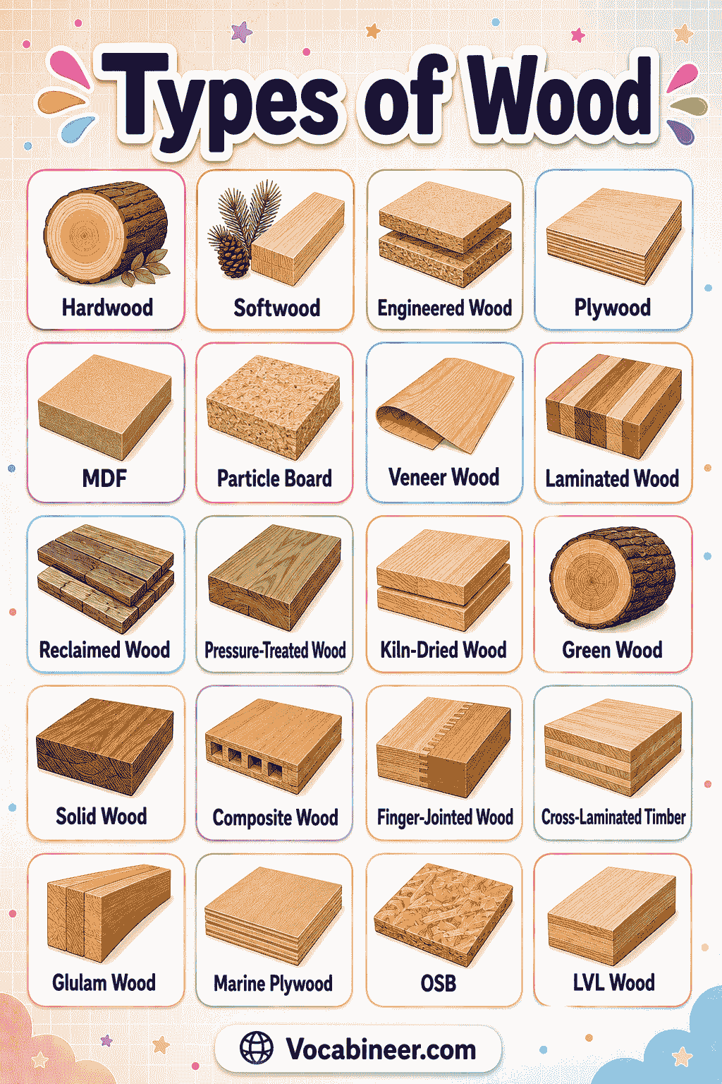 Un guide visuel de vocabulaire du bois montrant différents types de noms de bois avec des images, notamment le bois de chêne, le bois de pin, le bois d'érable, le bois de noyer, le bois de cerisier, le bois de teck, le bois de cèdre et le contreplaqué.