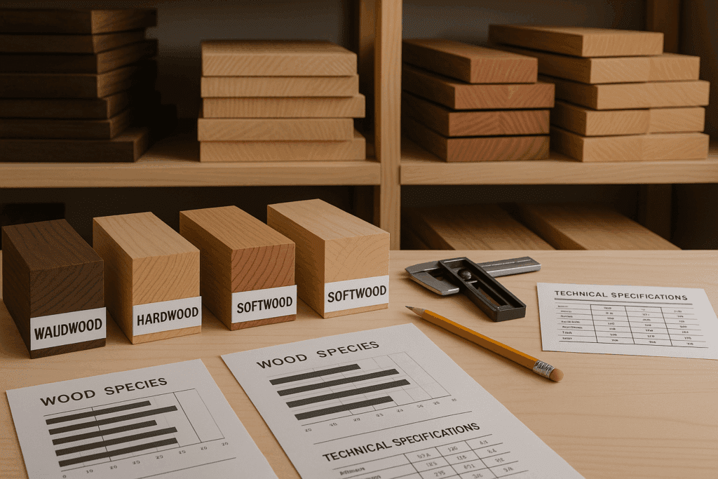 Espace de travail professionnel d'identification du bois d'œuvre avec des échantillons de bois dur et résineux et des spécifications techniques