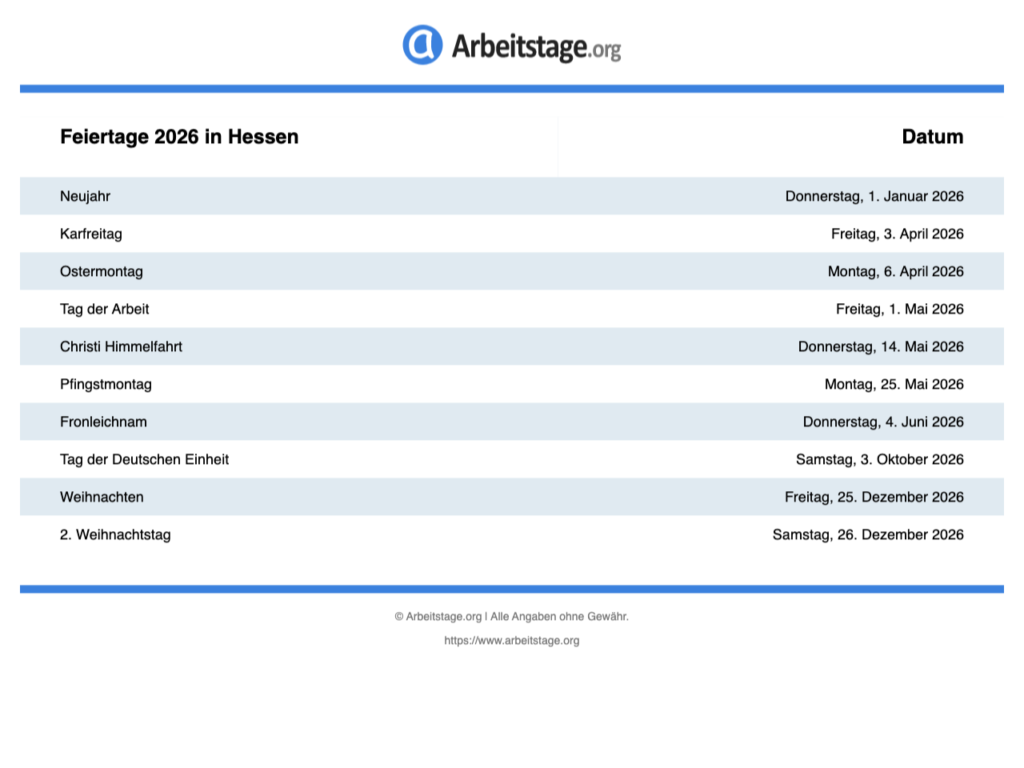 Jours fériés en Hesse 2026, 2027, 2028 Jours fériés en Hesse 2026, 2027, 2028