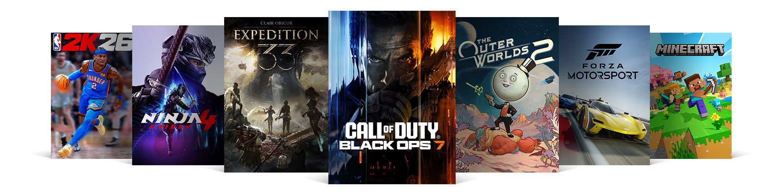 Une gamme de clichés de boîtes de jeux comprenant NBA 2K26, Ninja Gaiden 4, Clair Obscur : Expedition 33, Call of Duty : Black Ops 7, The Outer Worlds 2, Forza Motorsport et Minecraft.